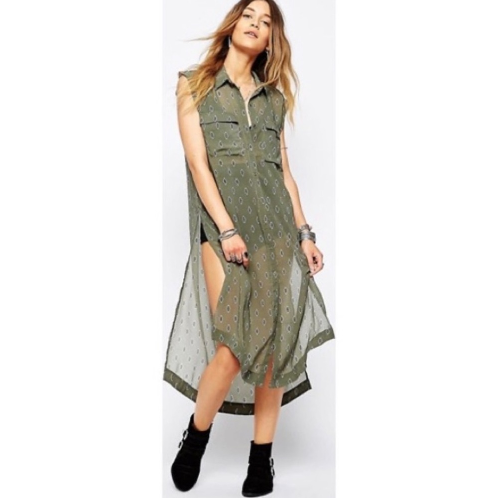 Free People Olive Green Chiffon Midi Duster Vest